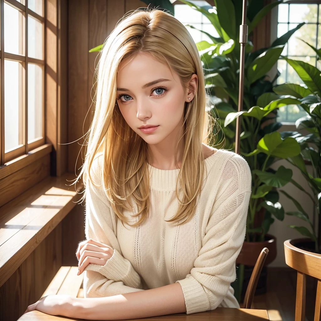 The woman in the photo is indoors with large windows and a wooden structure. She has long, straight blonde hair, and is wearing a cream sweater over a white knitted blouse. She is resting her face in her hand, looking directly at the camera with a soft, natural expression. Ao fundo, there is a plant hanging and natural light coming in through the windows, gently illuminating the environment.