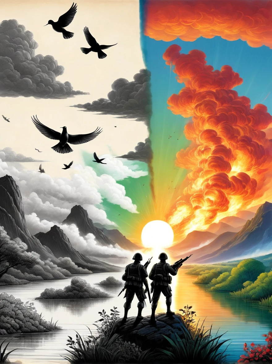 A balanced composition split into two halves, representing peace and war. On the left, illustrating peace: a calm, serene setting with doves flying against a clear blue sky. The backdrop contains lush green meadows and a pristine river flowing gently. On the right, illustrating war: the atmosphere is drastically different with a tumultuous, fiery landscape. There are silhouettes of soldiers with their weapons in the background, under a sky filled with smoke and distant explosions. Please render this in a realistic style