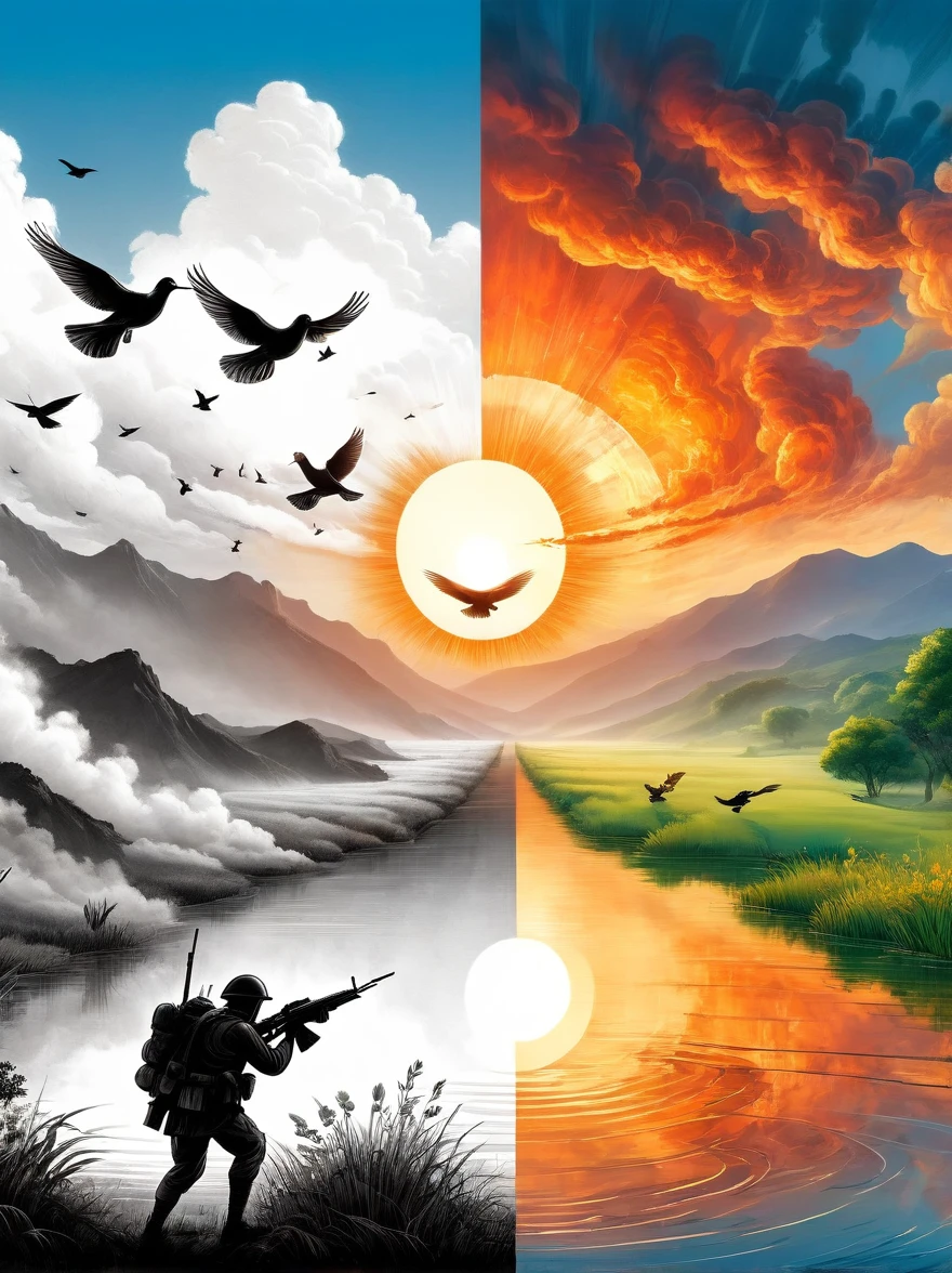 A balanced composition split into two halves, representing peace and war. On the left, illustrating peace: a calm, serene setting with doves flying against a clear blue sky. The backdrop contains lush green meadows and a pristine river flowing gently. On the right, illustrating war: the atmosphere is drastically different with a tumultuous, fiery landscape. There are silhouettes of soldiers with their weapons in the background, under a sky filled with smoke and distant explosions. Please render this in a realistic style