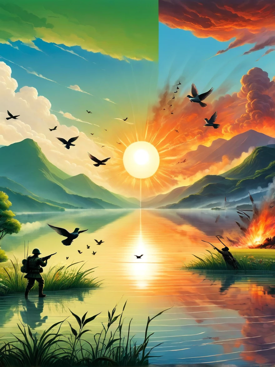 A balanced composition split into two halves, representing peace and war. On the left, illustrating peace: a calm, serene setting with doves flying against a clear blue sky. The backdrop contains lush green meadows and a pristine river flowing gently. On the right, illustrating war: the atmosphere is drastically different with a tumultuous, fiery landscape. There are silhouettes of soldiers with their weapons in the background, under a sky filled with smoke and distant explosions. Please render this in a realistic style