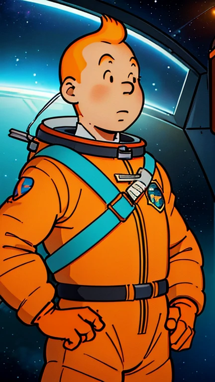 (Teens:1man: Tintin), (extremely detailed CG unit 8k wallpaper),(master part), (best quality), (ultra detali), (best illustration),(Pseudo-Peanuts), cowboy shot, (Sharp eyeliner, ombre, detailed eyes:1),Dark space station interiors background, ,break , (astronaut in an orange space suit), upper body, short hair, orange hair