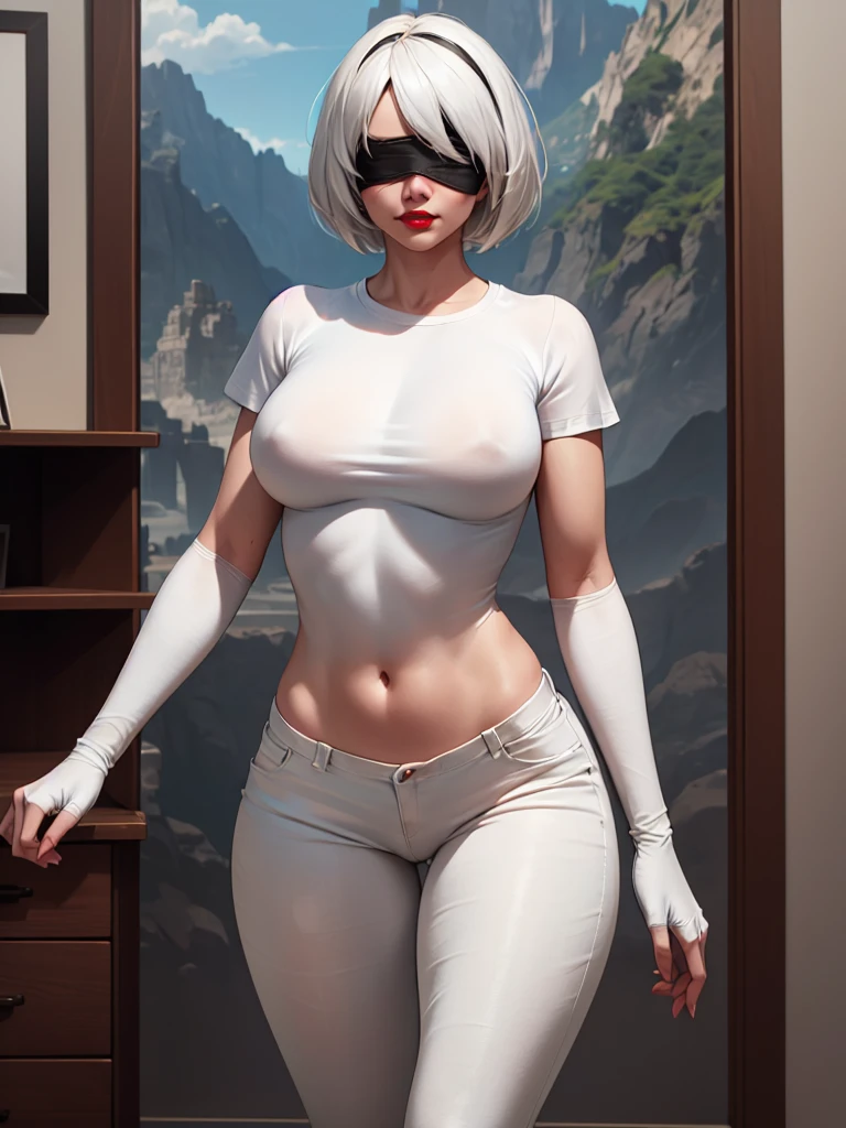  (((front view))). (((perfect anatomy, anatomically correct, super detailed skin))), 2B from Nier Automata. short hair, ((solo)), (((blindfold))), ((hourglass body,)), (alone). ((solo:1.5)), bedroom as background, posters on the wall, big red lips, white hair, 1 girl, ((white tshirt:1.5)), [[[(((big hips)))]]]], BREAK, (wearing jeans). hourglass body,, shiny skin, watching the viewer, beautiful hair, beautiful face, beautiful detailed eyes, blue eyes, babyface, , beautiful body,standing, (beautiful scenery), 8k, top quality, masterpiece​:1.2, extremely detailed), beautiful illustration, natural lighting, ,(high detailed skin:1.2), 