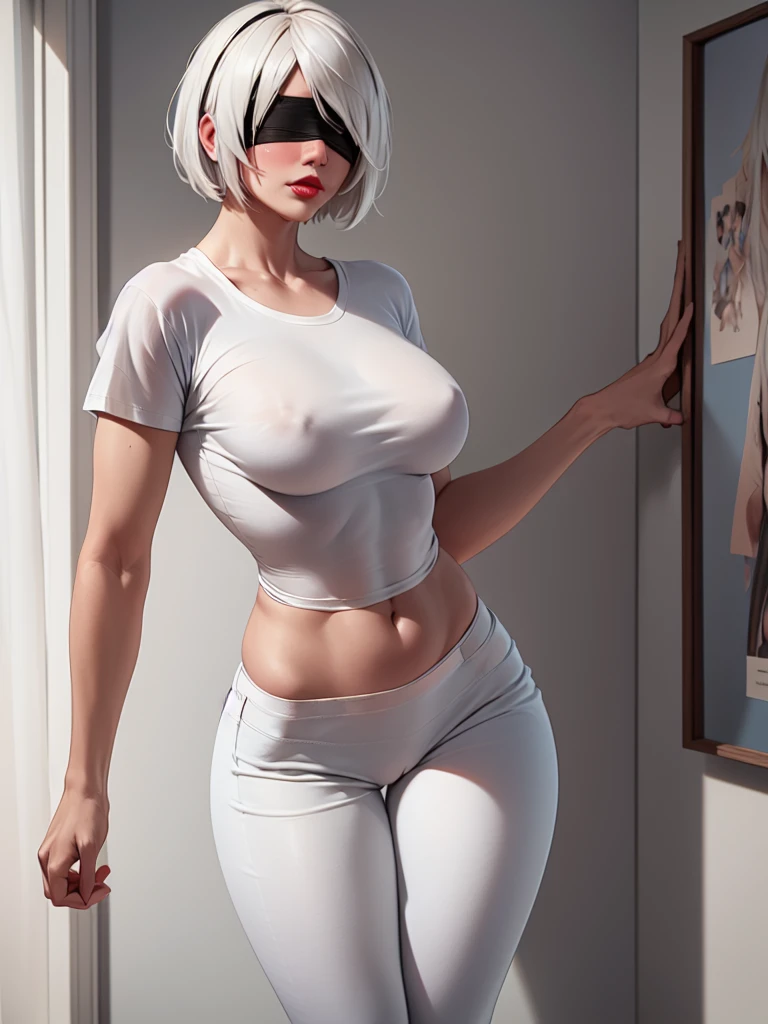  (((front view))). (((perfect anatomy, anatomically correct, super detailed skin))), 2B from Nier Automata. short hair, ((solo)), (((blindfold))), ((hourglass body,)), (alone). ((solo:1.5)), bedroom as background, posters on the wall, big red lips, white hair, 1 girl, ((white tshirt:1.5)), [[[(((big hips)))]]]], BREAK, (wearing jeans). hourglass body,, shiny skin, watching the viewer, beautiful hair, beautiful face, beautiful detailed eyes, blue eyes, babyface, , beautiful body,standing, (beautiful scenery), 8k, top quality, masterpiece​:1.2, extremely detailed), beautiful illustration, natural lighting, ,(high detailed skin:1.2), 
