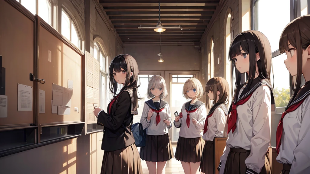 five girls, school, class, (black hair), blond, (((light brown))), standing, silver, short, long, face