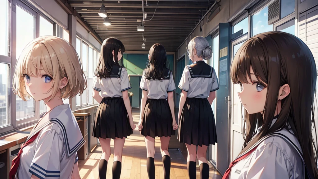 five girls, school, class, (black hair), blond, (((light brown))), standing, silver, short, long, face
