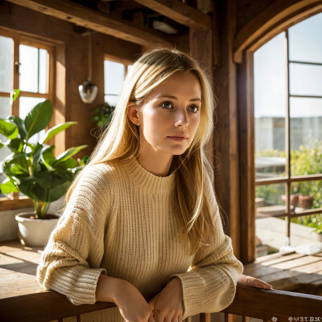Sefie of a woman in the photo is indoors with large windows and wooden structure. She has long, straight blonde hair, and is wearing a cream sweater over a white knitted blouse. She is resting her face in her hand, looking directly at the camera with a soft, natural expression. Ao fundo, there is a plant hanging and natural light coming in through the windows, gently illuminating the environment.