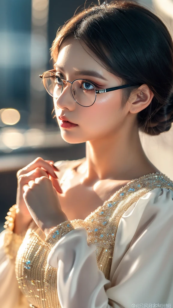 8K, HDR, masterpiece, detailed. 1girl, beautiful face, voluptuous, makeup. ((modest dresses costume)), long sleeves, rounded glasses. (serious gaze), graceful pose. style particles bokeh, at photo studio, straight light, half body view, ((SFW))