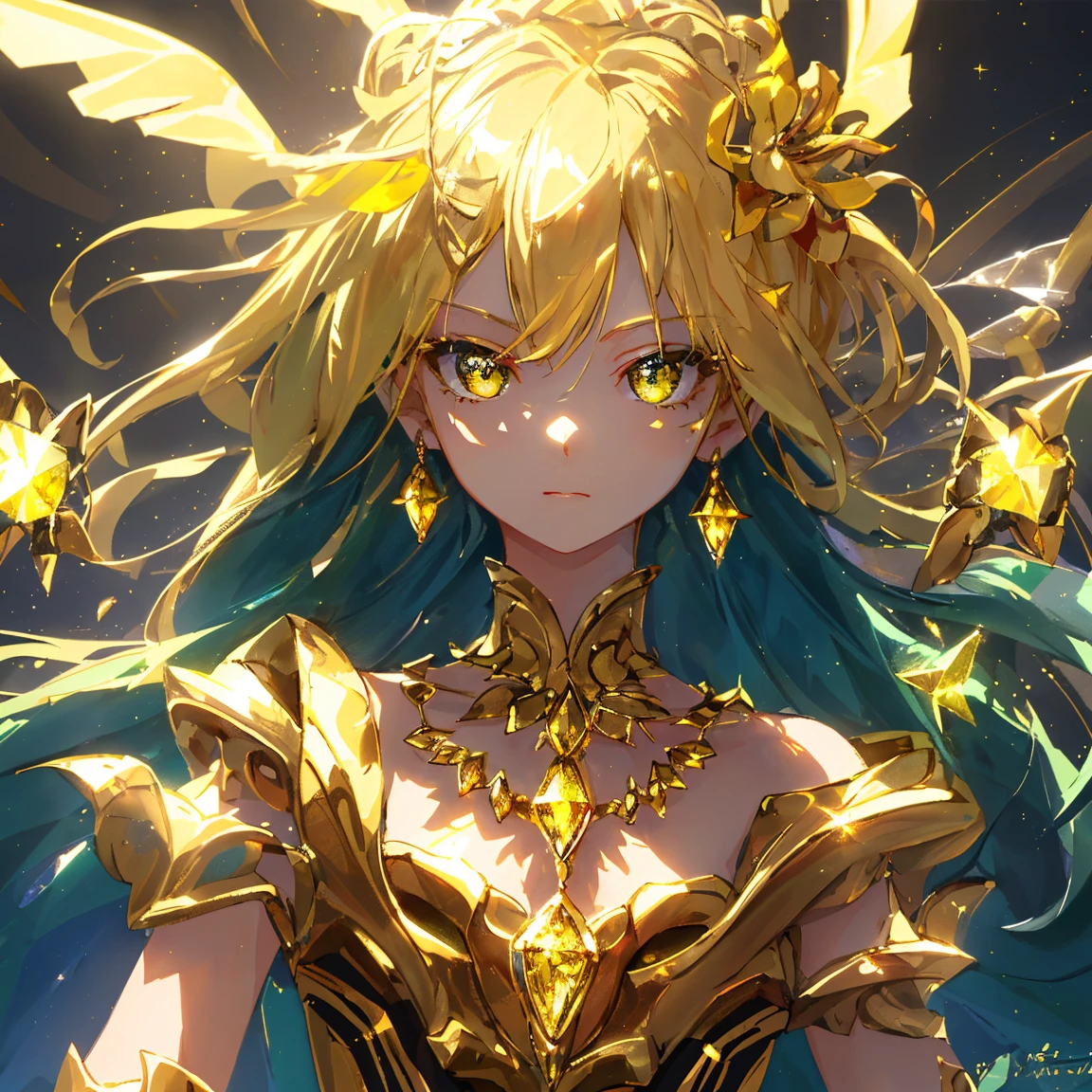 1 girl masterpiece, highest quality, shape, yellow sapphire eyes and hair, yellow sapphire earrings, yellow sapphire necklace, sword, metal fairy, cute, (dynamic lighting:1.2), cinematic lighting, delicate features, fine eyes, sharp pupils, realistic student, written boundary depth, Bokeh, sharp focus, (very detailed, bloom, shine:1.4), lots of little gems