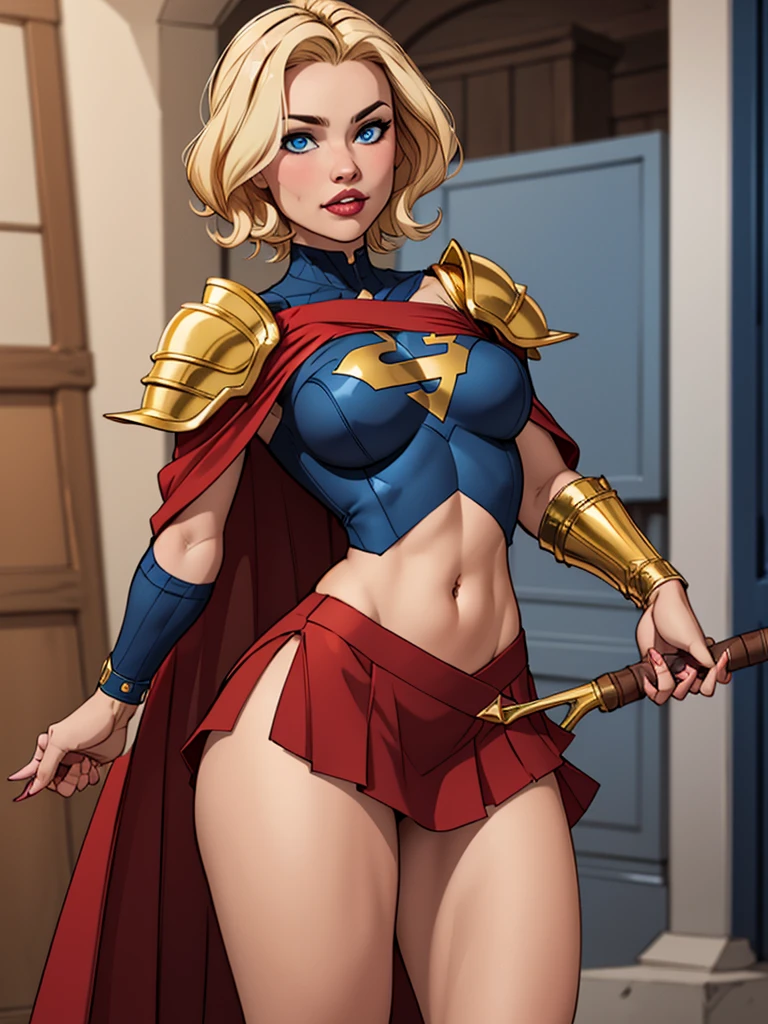 breathtaking photo of blonde partially nude Supergirl, topless with big natural breasts, iconic photo, award-winning, professional, highly detailed, (highly detailed background)