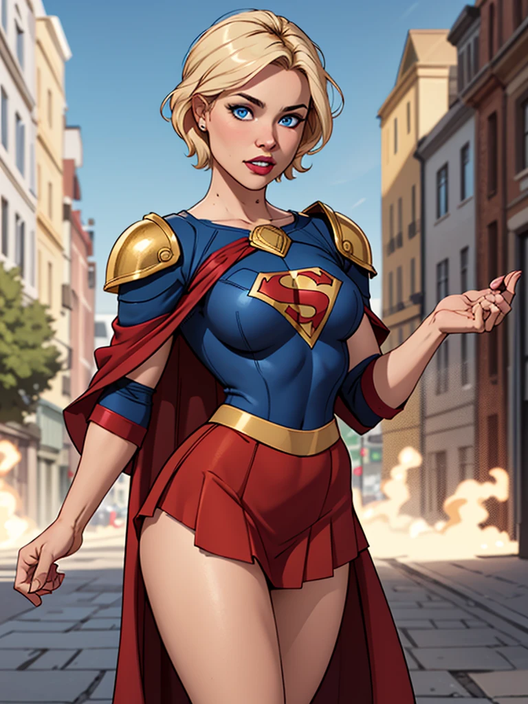 Blonde girl with short hair, blue eyes, wearing blue armor with gold details with RPG-style blue and gold shoulder pads, wearing a red cape and a brown strappy skirt, hot girl