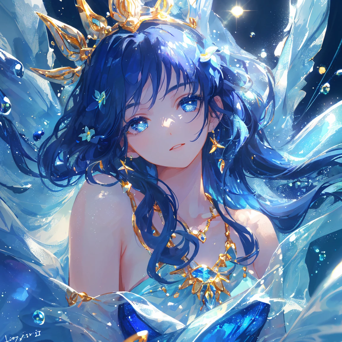 1 girl masterpiece, highest quality, shape, lapis lazuli eyes and hair, lapis lazuli earrings, lapis lazuli necklace, sea, water fairy, cute, (dynamic lighting:1.2), cinematic lighting, delicate features, fine eyes, sharp pupils, realistic student, written boundary depth, Bokeh, sharp focus, (very detailed, bloom, shine:1.4), lots of little gems