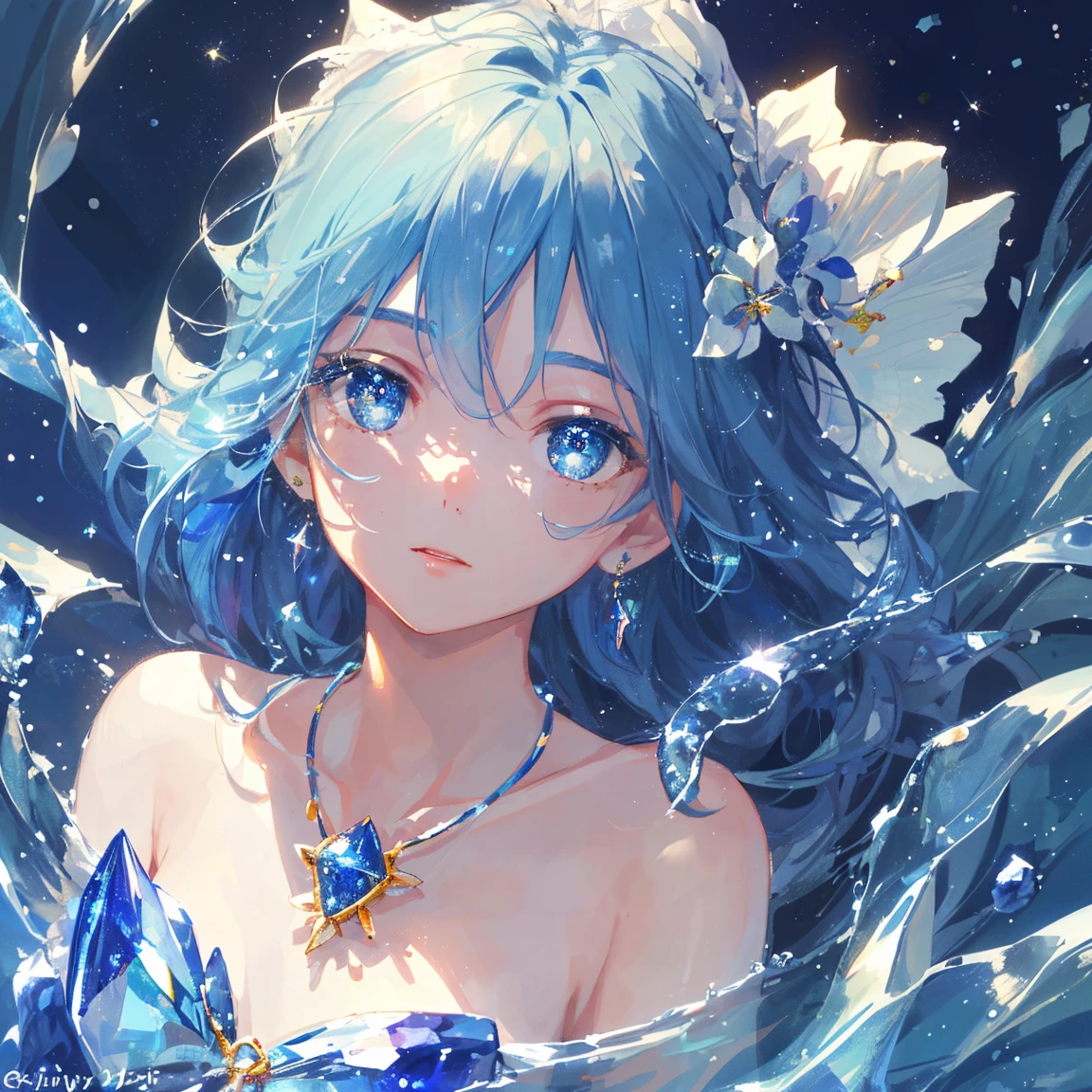 1 girl masterpiece, highest quality, shape, lapis lazuli eyes and hair, lapis lazuli earrings, lapis lazuli necklace, sea, water fairy, cute, (dynamic lighting:1.2), cinematic lighting, delicate features, fine eyes, sharp pupils, realistic student, written boundary depth, Bokeh, sharp focus, (very detailed, bloom, shine:1.4), lots of little gems