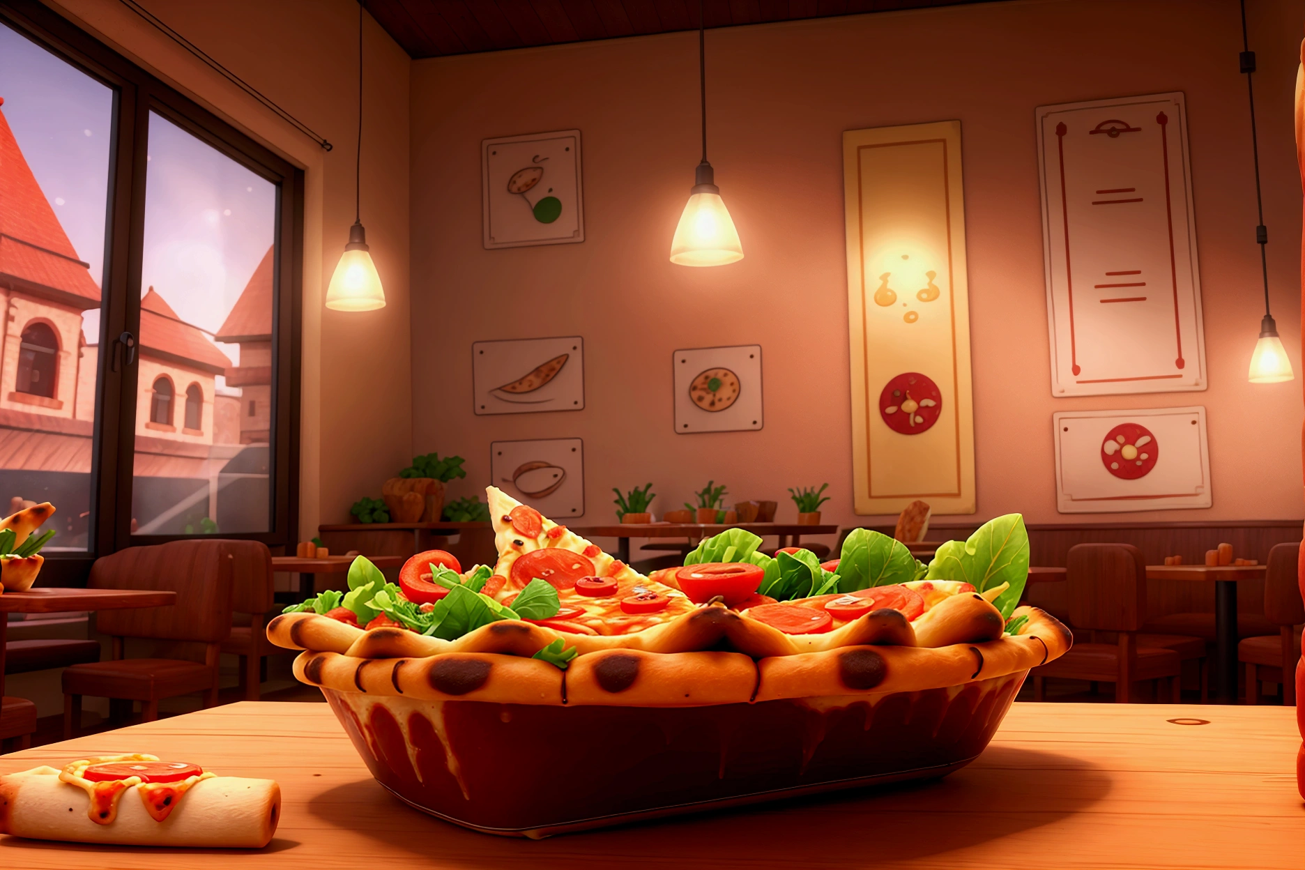 in restaurant, salad and a pizza, 3D pixat, extreme details