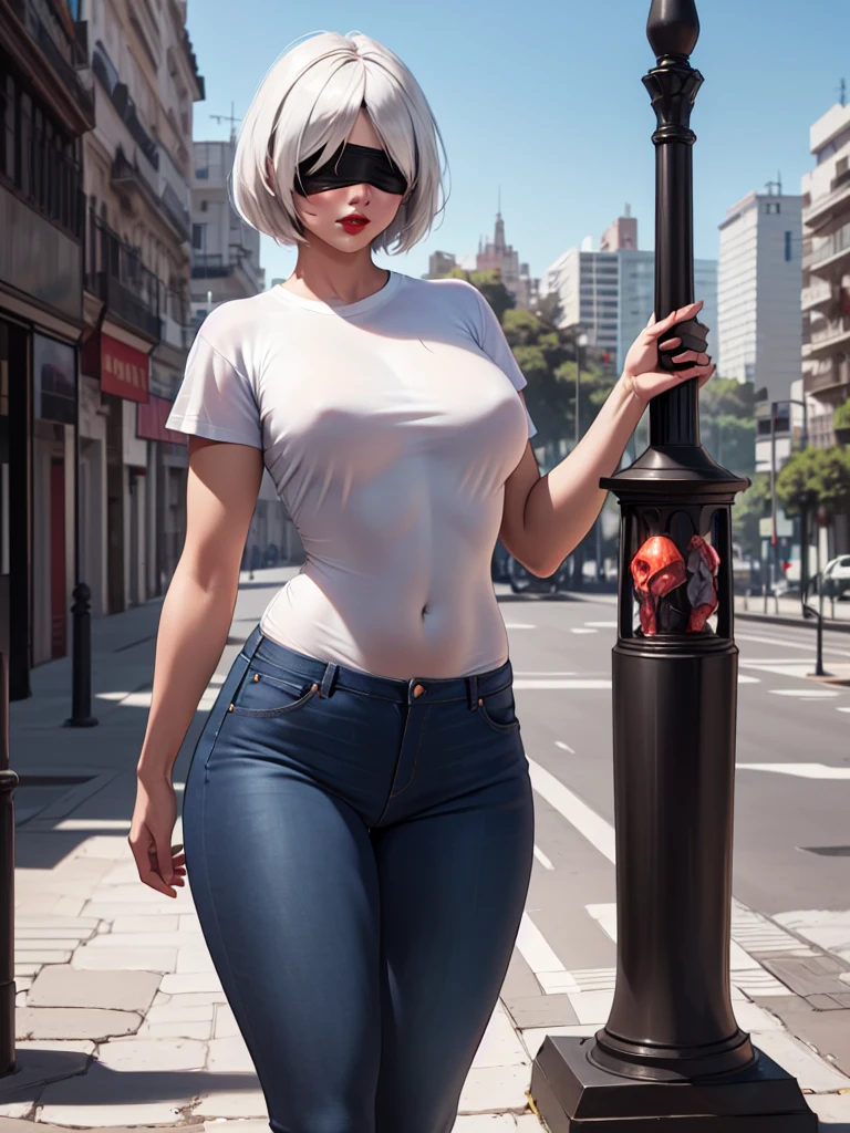  (((front view))). (((perfect anatomy, anatomically correct, super detailed skin))), 2B from Nier Automata. short hair, ((solo)), (((blindfold))), ((hourglass body,)), (alone). ((solo:1.5)), ((city of Buenos Aires as background))), Obelisk in the background, big red lips, white hair, 1 girl, ((white tshirt:1.5)), [[[(((big hips)))]]]], BREAK, (wearing jeans). hourglass body,, shiny skin, watching the viewer, beautiful hair, beautiful face, beautiful detailed eyes, blue eyes, babyface, , beautiful body,standing, (beautiful scenery), 8k, top quality, masterpiece​:1.2, extremely detailed), beautiful illustration, natural lighting, ,(high detailed skin:1.2), 