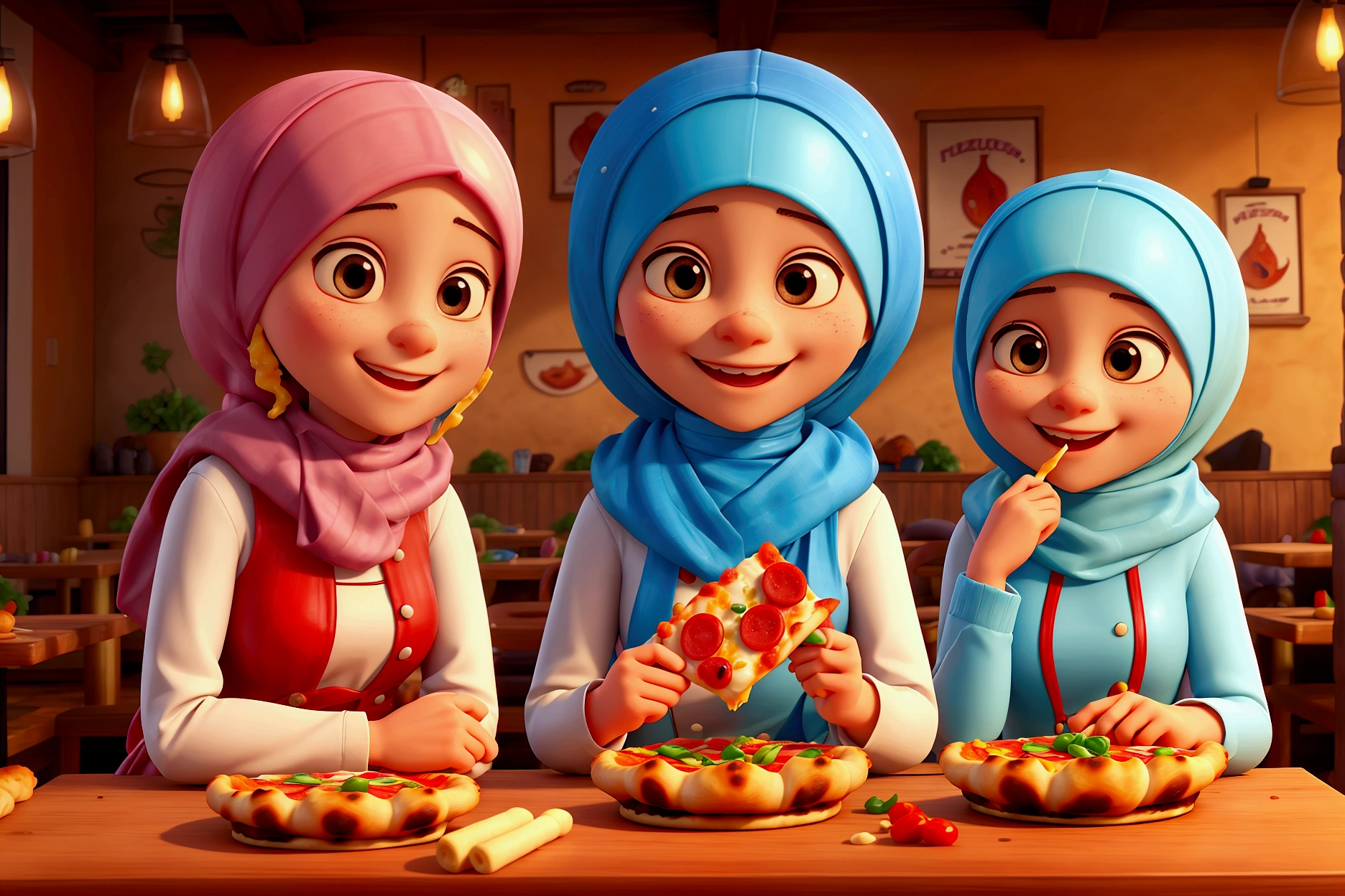 in restaurant, salad and a pizza, 3D pixat, extreme details, me and my frien eating and smiling, hijab wear