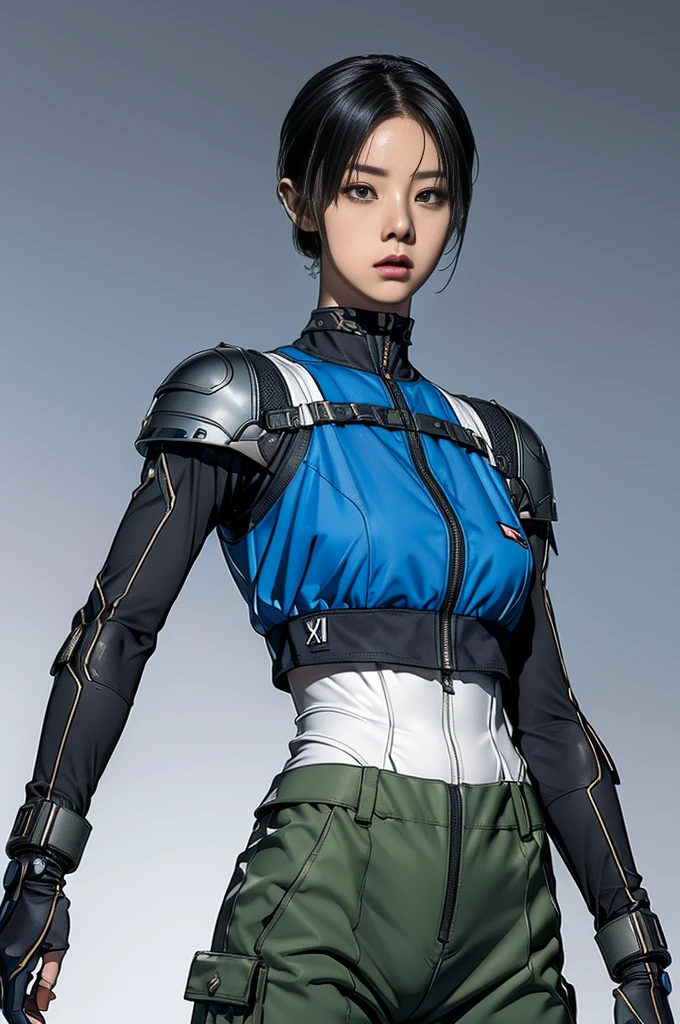 masterpiece, Nod, Goddess of Victory character, (Battle Android Model), Female character android, (She wears an elegant futuristic costume uniform with straps and accessories, cargo pants, Military vest), (Have a weapon), Action pose, Battle Damage, (appear (Corruption:1.5) electricity (Android Parts:1.3)), (wallpaper, Screensavers)