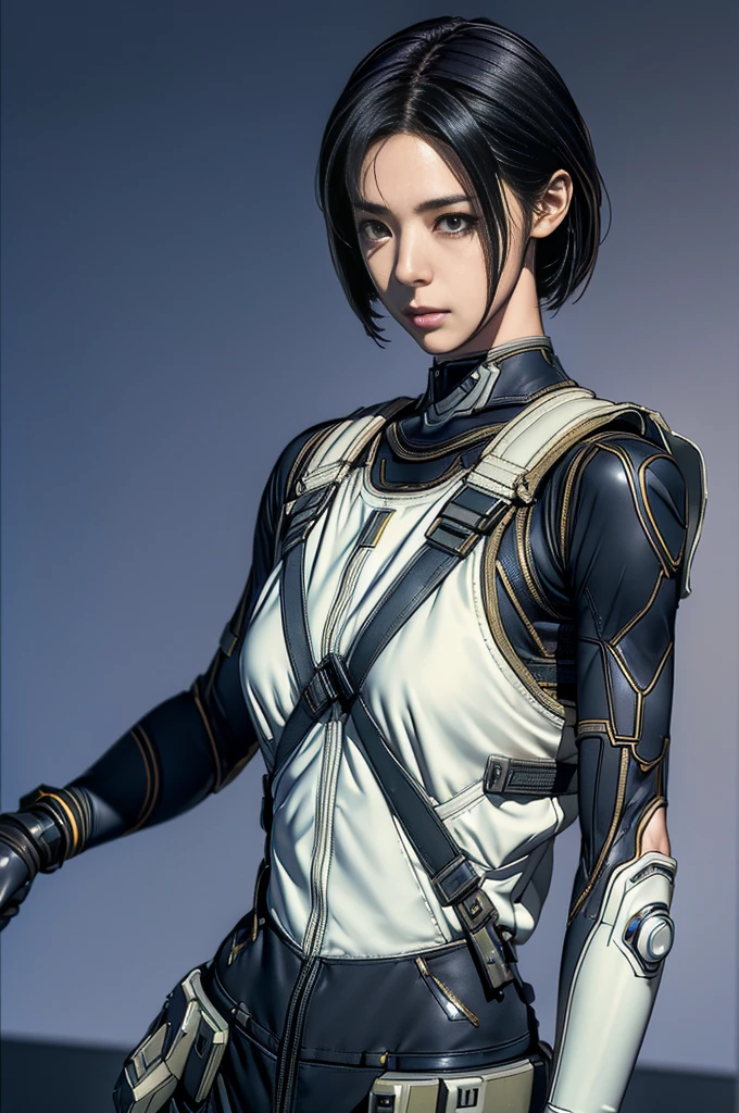 masterpiece, Nod, Goddess of Victory character, (Battle Android Model), Female character android, (She wears an elegant futuristic costume uniform with straps and accessories, cargo pants, Military vest), (Have a weapon), Action pose, Battle Damage, (appear (Corruption:1.5) electricity (Android Parts:1.3)), (wallpaper, Screensavers)