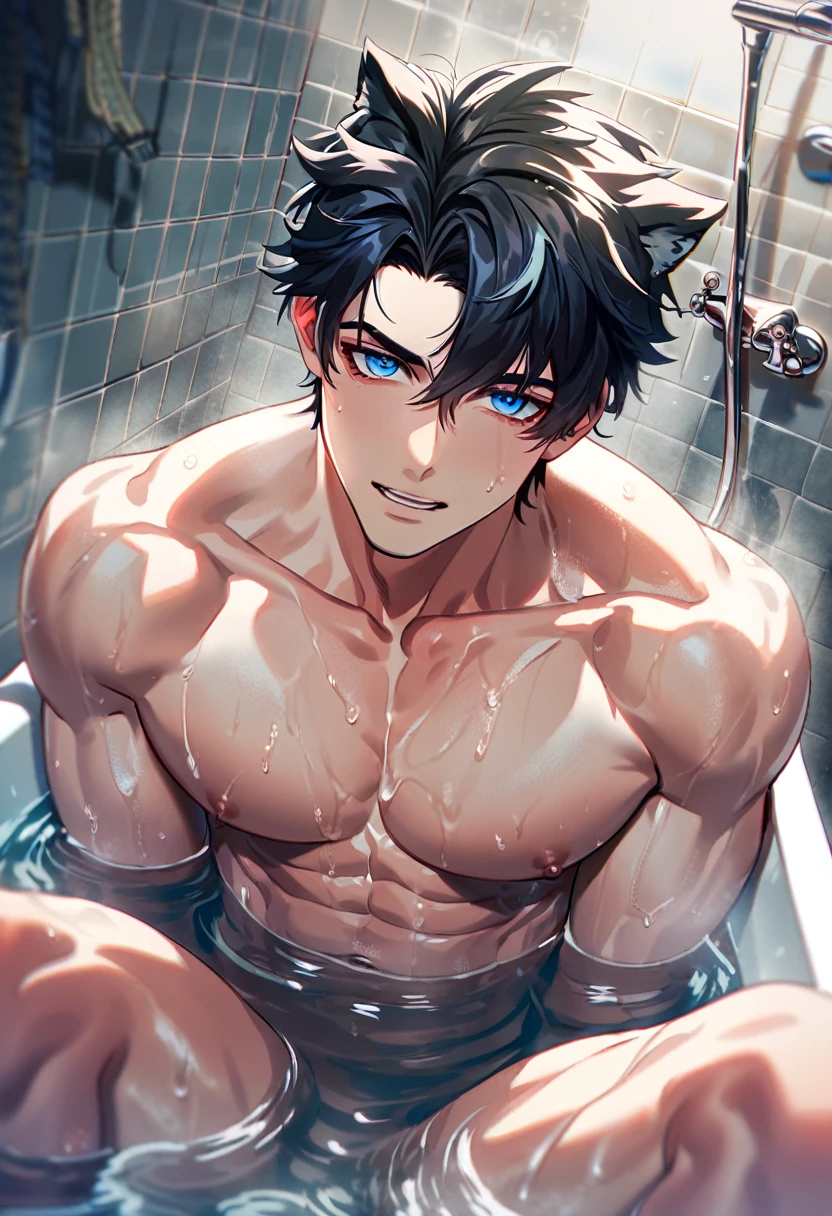 absurdres, highres, ultra detailed, HDR, master piece, best quality, extremely detailed, Wriothesley, black hair, expressive blue eyes, Genshin Impact, solo, sexy man, handsome, horny, sensual, without clothes, naked, taking a shower, bathroom, water, bathtub, sitting, Nu Carnival