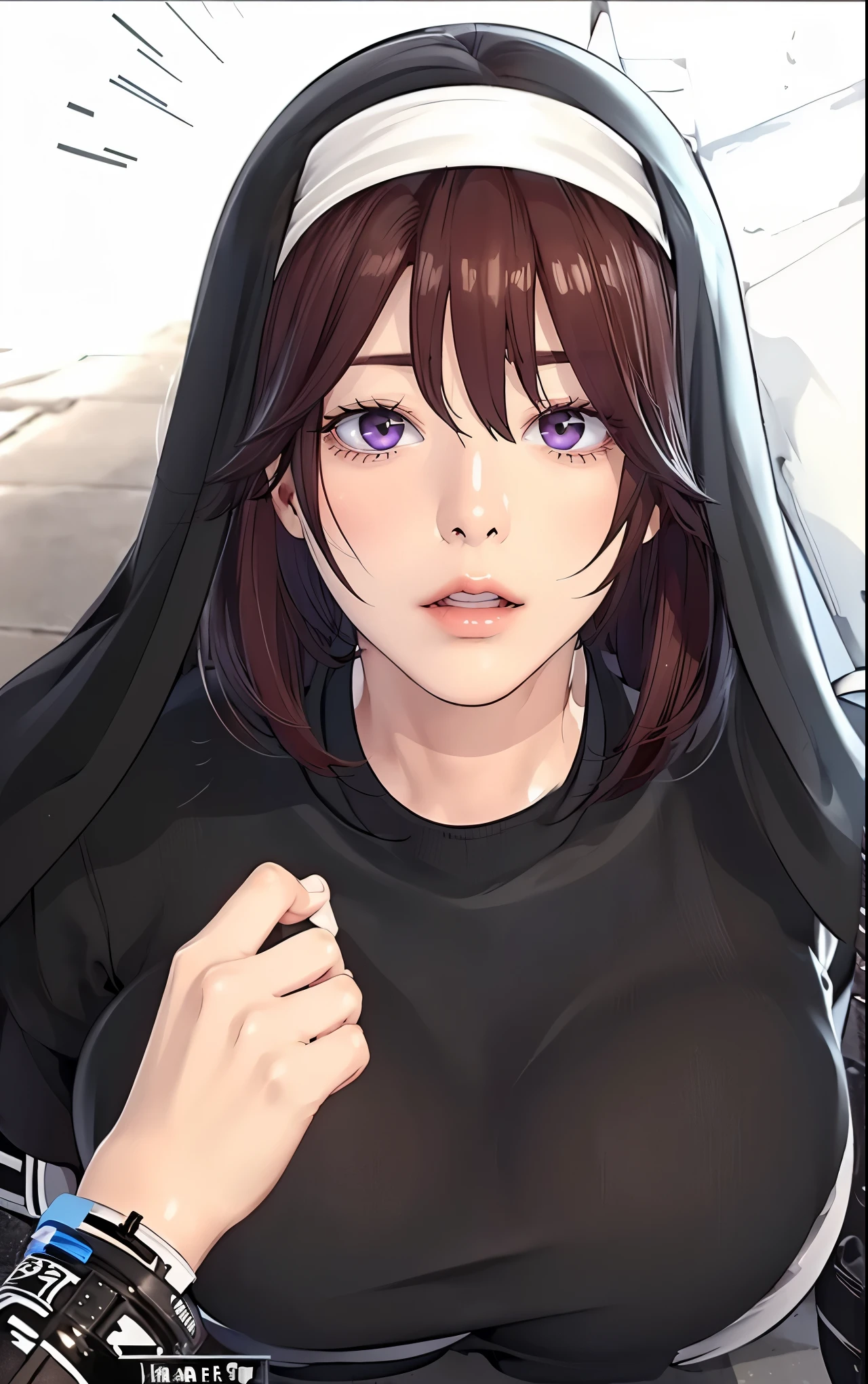 (((Perfect figure,figure,solo, White and tender skin,(((cyberpunk,Black dress,White cardigan sweater, ))),(((junescdef,brown hair,purple eyes,medium hair,))),((masterpiece)),high resolution, ((Best quality at best)),masterpiece,quality,Best quality,((( Exquisite facial features,Looking at the audience,There is light in the eyes,(((Lol,Happy,))),))),(((Light and shadow,Huge breasts))),(((Looking at the camera,black background,Lying on the ground,Look down at the camera,From below,Looking up))))
