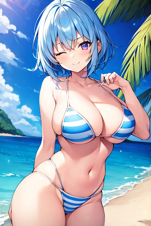 1girl, light blue hair, blue hair, very short hair, one eye closed, purple eyes, large , thick thighs, white bikini, beach, blue stripes, (blue stripes), striped bikini, smile,