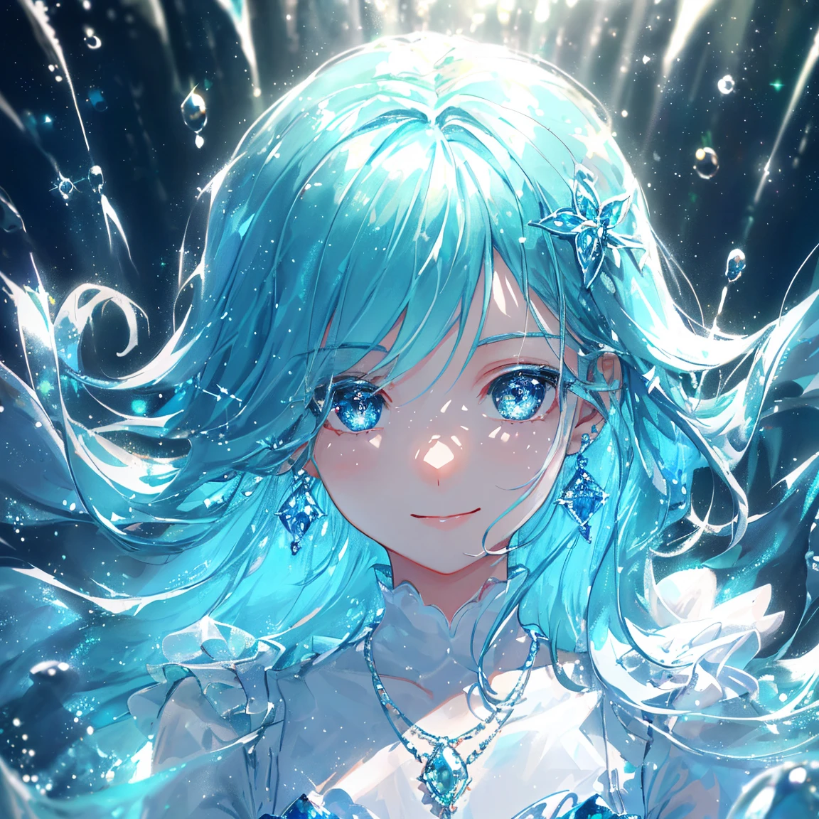 1 girl masterpiece, highest quality, shape, beautiful smile Aquamarine eyes and hair, Aquamarine earrings, Aquamarine necklace, rain, water fairy, cute, (dynamic lighting:1.2), cinematic lighting, delicate features, fine eyes, sharp pupils, realistic student, written boundary depth, Bokeh, sharp focus, (very detailed, bloom, shine:1.4), lots of little gems