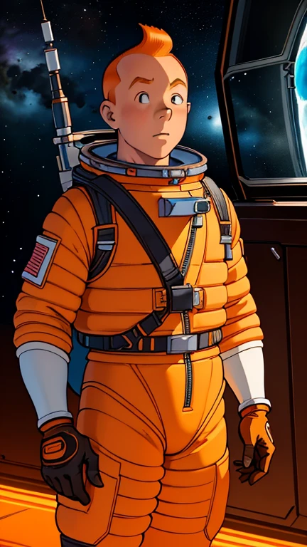 (Teens:1man: Tintin), (extremely detailed CG unit 8k wallpaper),(master part), (best quality), (ultra detali), (best illustration),(JS_DFStyle), cowboy shot, (Sharp eyeliner, ombre, detailed eyes:1),Dark space station interiors background, ,break , (astronaut in an orange space suit), upper body, short hair, orange hair