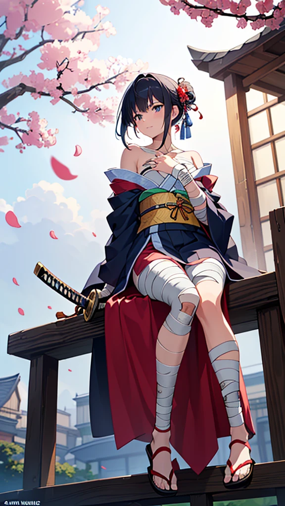 (((((roll up bandage sideways on a chest tightly to cover the chest without gaps))))), (((bandage samweways))), ((Japanese Gangster BOSS)), adult woman with the dignified presence, Killing Qi, wear nothing around shoulder, wear nothing around neck, wear the kimono, wear it below the waist, (I wind it up to control it, and to attach it), ((kimono come off)) ,wear the kimono multiple times, Bare shoulders and the clavicle, black and gold kimono, put on over jacket of kimono, (holding a japanese sword which shine in purple, The handole of the sword is black, and the blade is gray, long sword), eye fire, low angle, whole body, bandage is seen, anime character, Glaring, off sholder, nappropriate smile, Excellent, black blue hair, can see both shoulder, ((long kimono hem)), small face, ((some cherry blossam big tattoo on the arm)),((Sit with your legs folded)), ((background Japanese gate with circlr mark)),muscular,drink sake,fullmoon in the sky, The kimono is spreading,(((ultra-detailed))),super beautiful,Masterpiece,Killing Qi,Intimidation,zoom up