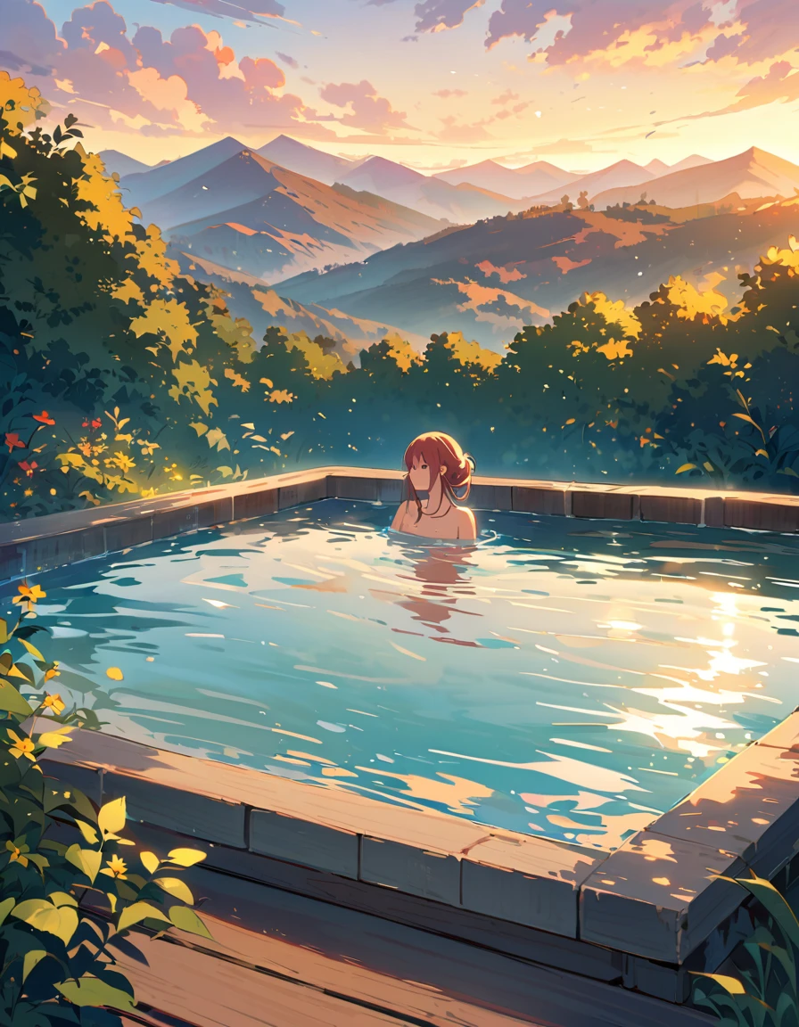 Great view of the mountains in the background during daytime、There is a woman soaking in the open-air bath..。She wrapped a towel around her body、He has a calm look.。The surroundings are shrouded in silence.。Amidst the beauty of nature and the warmth of hot springs、She is a mountain々Relax and enjoy the view。Enjoy a moment in the open-air bath that is part of the scenery.、that'A special time of healing for her.。