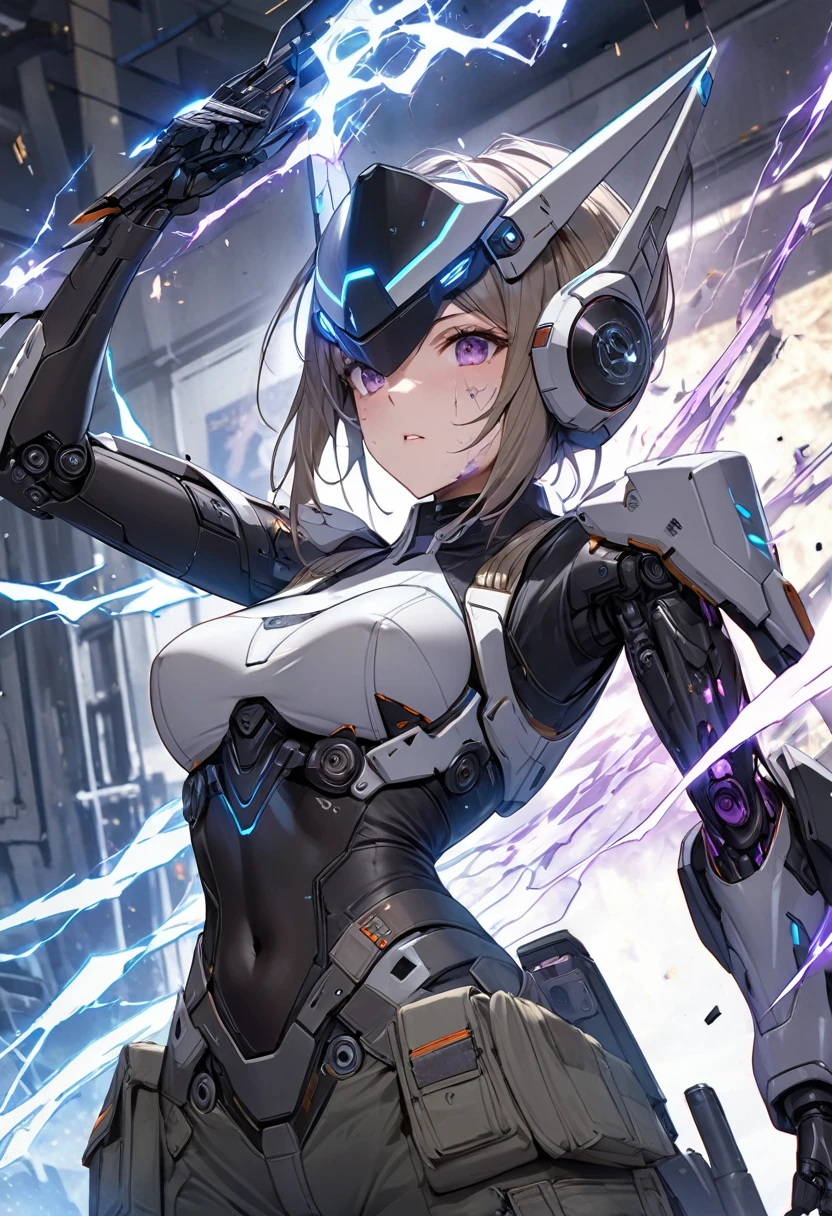 masterpiece, Nod, Goddess of Victory character, (Battle Android Model), Female character android, (She wears an elegant futuristic costume uniform with straps and accessories, cargo pants, Military vest), (Have a weapon), Action pose, Battle Damage, (appear (Corruption:1.5) electricity (Android Parts:1.3)), (wallpaper, Screensavers)