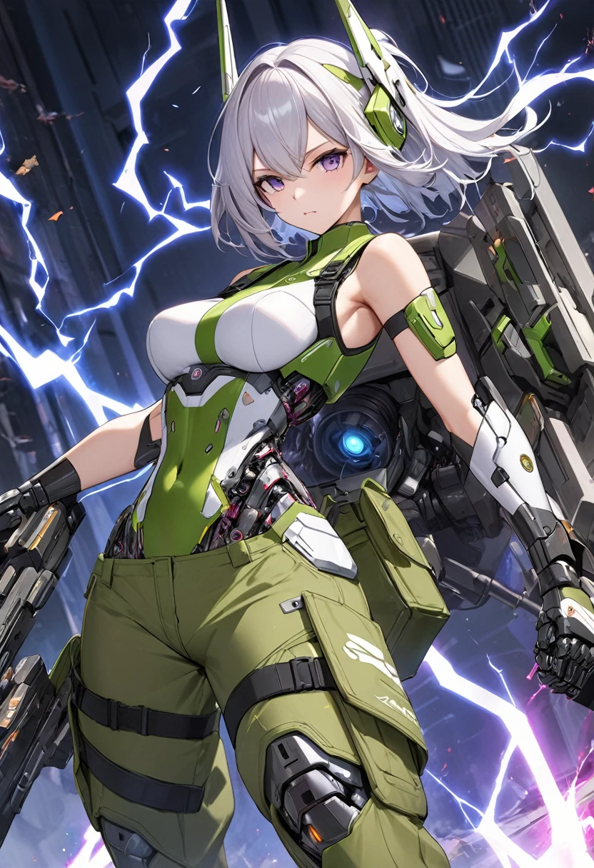 masterpiece, Nod, Goddess of Victory character, (Battle Android Model), Female character android, (She wears an elegant futuristic costume uniform with straps and accessories, cargo pants, Military vest), (Have a weapon), Action pose, Battle Damage, (appear (Corruption:1.5) electricity (Android Parts:1.3)), (wallpaper, Screensavers)