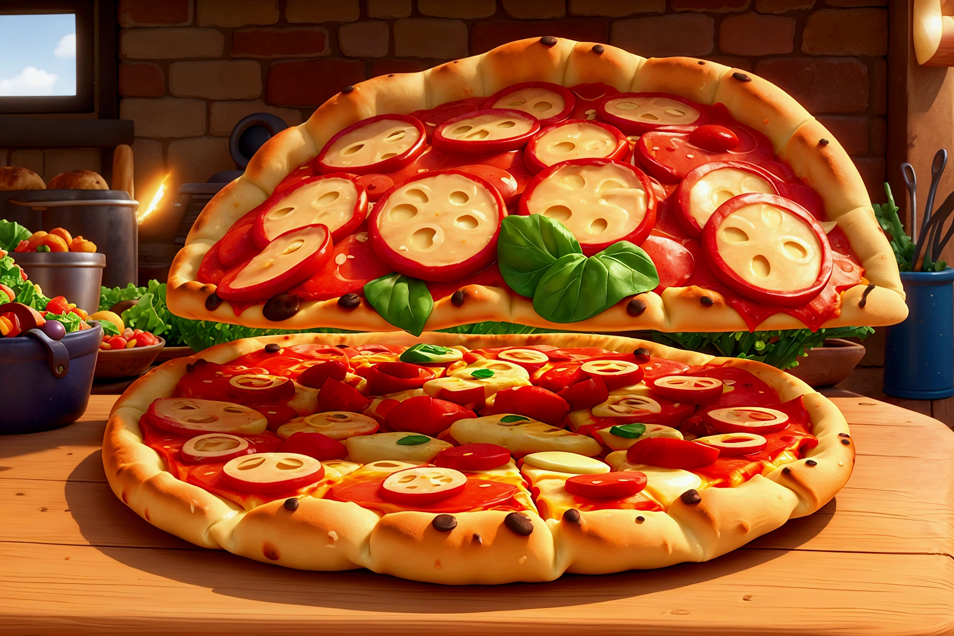 zoom, dishes of hot pizzas and salads, pixar style