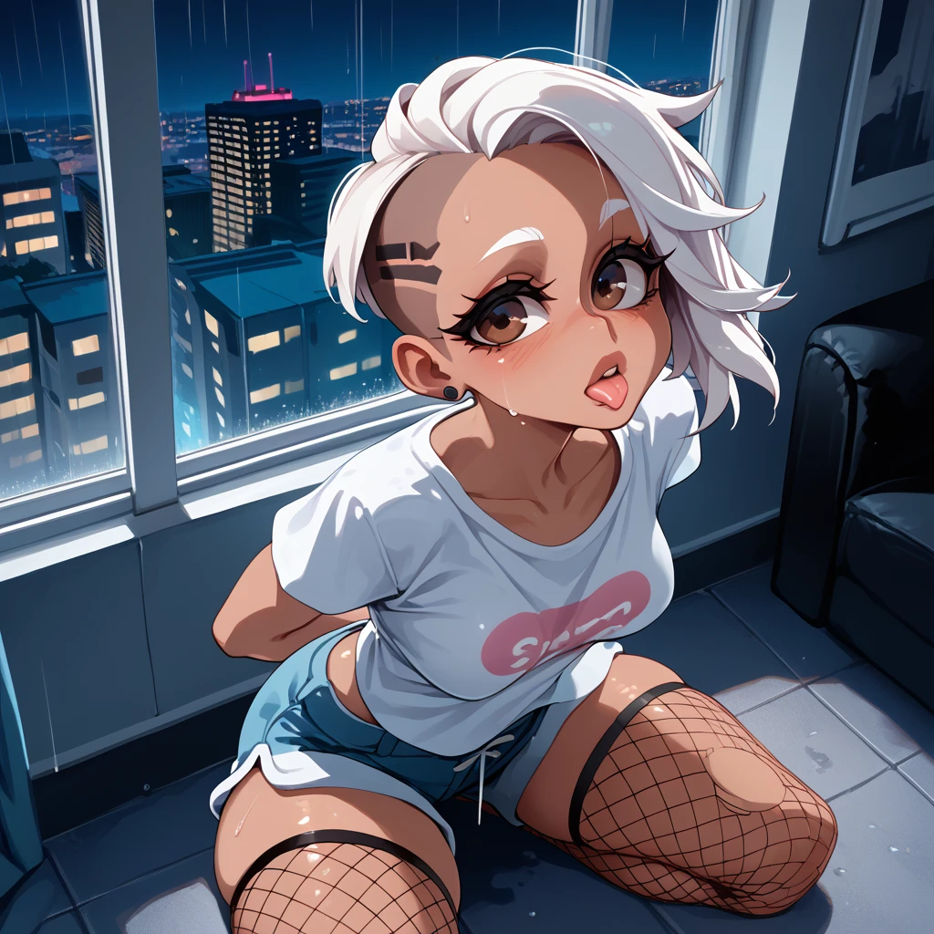 Detailed, 1 female, high angle, facing viewer, average size breasts, white hair, brown eyes, undercut hair, thick thighs, dark brown skin girl, puckered lips, full lips , black oversized t-shirt, high waisted, blue shorts, ripped fishnet stockings, harness on leg, tiny hearts floating above head, wet tongue, flushed, kneeling, crossed, headed tilted backwards, hands behind back, intricate clothes lining,, night, raining, futuristic, york city, dystopian city, cozy apartment, living room, floor to ceiling window