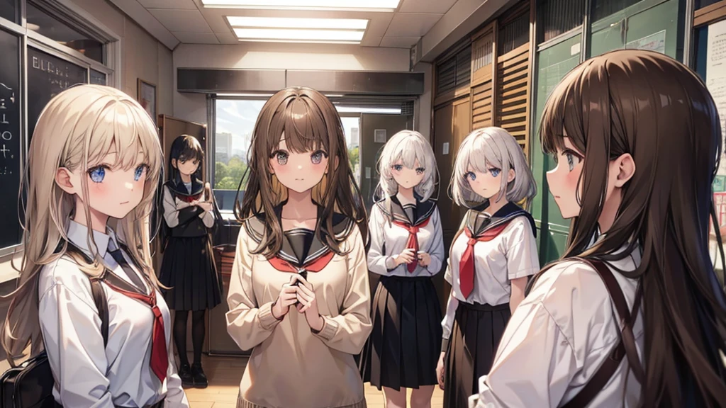 five girls, school, class, (black hair), blond, (((light brown))), standing, silver, short, long, face
