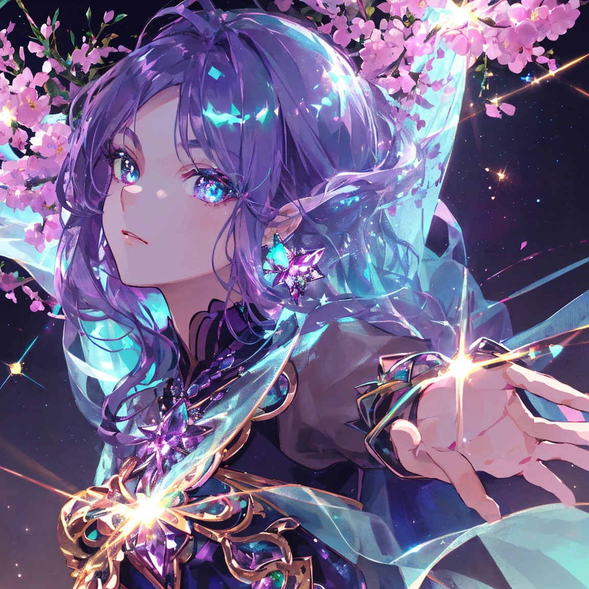 1 girl masterpiece, highest quality, shape, alexandrite eyes and hair, alexandrite earrings, alexandrite necklace,fairy, cute, (dynamic lighting:1.2), cinematic lighting, delicate features, fine eyes, sharp pupils, realistic student, written boundary depth, Bokeh, sharp focus, (very detailed, bloom, shine:1.4), lots of little gems