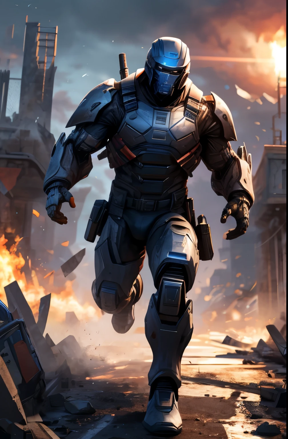 1man, solo,  ((color:dark blue)), a futuristic mature male soldier with iron black mechanical legs, wearing epTactical, running at high speed, battlefield ruins, face focus, UHD, anatomically correct, best quality, masterpiece, upper body, dynamic lighting