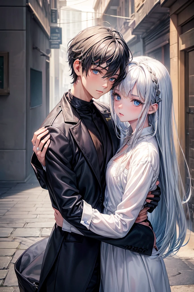 (work of art, best qualityer), a girl with blue eyes and silver hair and a boy with black hair and brown eyes hugging each other in a beautiful landscape