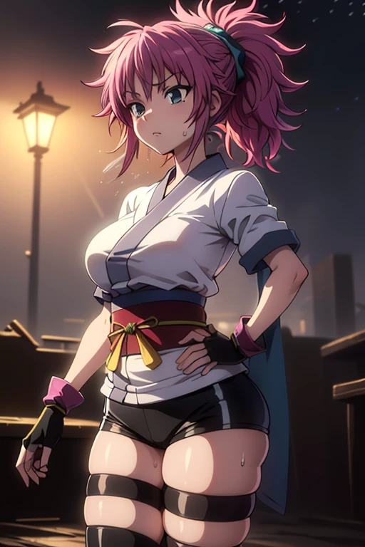 masterpiece, Highest quality,  Unreal Engine,  Super Resolution, Very detailed, 

Beautiful woman, machi, short kimono, obi, sash, fingerless gloves, bike shorts, socks,thighhighs,or, ponytail,hair_ornament, Vivid expression, Healthy Body, Smooth skin texture, Carefully drawn, 

(humidity:1.5), Beautiful Eyes, (Attractive face:1.2), (Beautiful Skin), Tight waist, (Big Breasts), (Sticky with sweat), Dynamic pose, 

In the world of Hunter Hunter, Outdoor, Slums at night,