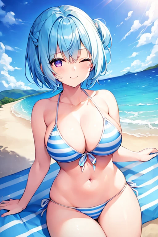 1girl, light blue hair, blue hair, very short hair, one eye closed, purple eyes, large breasts, thick thighs, white bikini, beach, blue stripes, (blue stripes), striped bikini, smile,