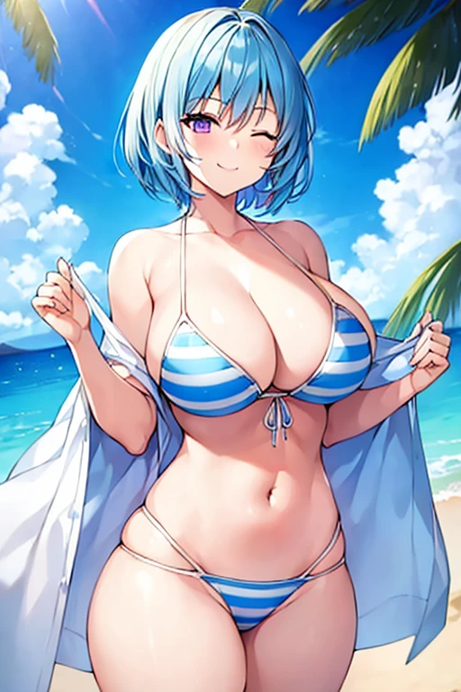 1girl, light blue hair, blue hair, very short hair, one eye closed, purple eyes, large breasts, thick thighs, white bikini, beach, blue stripes, (blue stripes), striped bikini, smile,