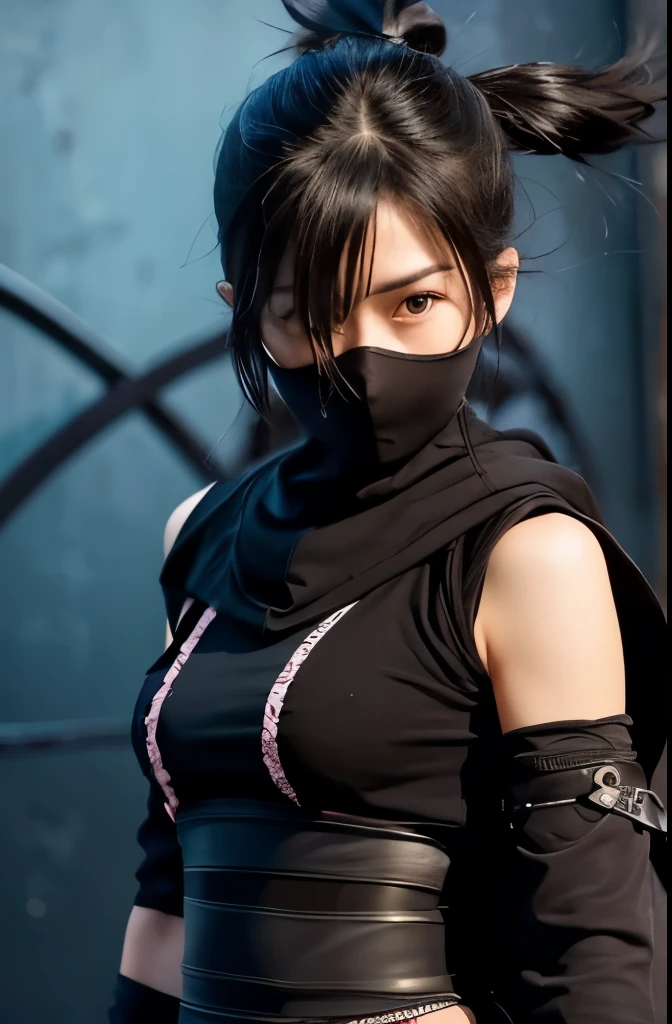 A beautiful, strong-looking kunoichi with black hair.、Black ninja outfit、Hood that covers the mouth、Equipped with a kunai、Upper Body、Shinobi costume with slits、Slightly muscular、