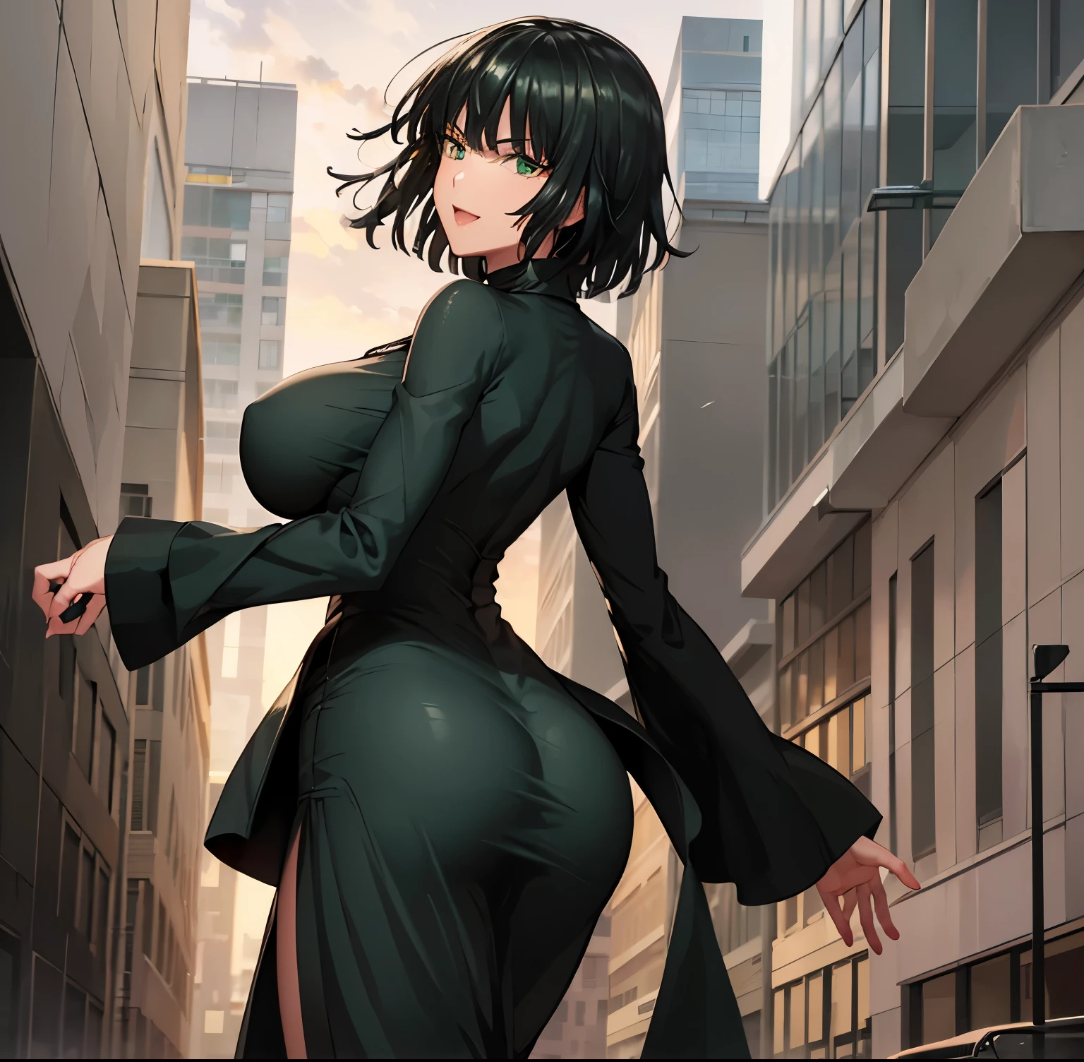 ((1girl)), ((alone)), Fubuki, ((Extremely detailed CG unity 4k wallpaper)), (Masterpiece), (ultra quality), (Ultra detailed), (best illustration), (best shadow ), (extremely detailed), looking at viewer, (absurdities), (detailed background), curvy body, dynamic pose, cowboy photo, large breasts, narrow waist, wide hips, medium thighs, round butt, black hair, ( green eyes: 1.2), short short hair, big breasts, black dress, dress, white fur coat, turtleneck, jewelry, necklace, trimmed shoulders, tight clothing, well dressed, smile, open mouth, seductive, standing, photo of cowboy, leaning forward, leaning, backlit, ((solo)), ((Standing:1.4, outdoors, city, cityscape, streets, night, streetlights City, arms behind back)), looking towards back, from behind, ((focus on ass), point of view: (from below), perfect anatomy, perfect hands