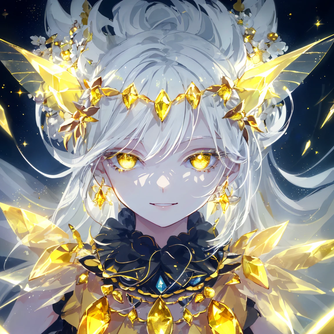1 girl masterpiece, highest quality, shape, beautiful smile yellow quartz eyes and silver hair, yellow quartz earrings, yellow quartz necklace, jewelry, metal fairy, cute, (dynamic lighting:1.2), cinematic lighting, delicate features, fine eyes, sharp pupils, realistic student, written boundary depth, Bokeh, sharp focus, (very detailed, bloom, shine:1.4), lots of little gems