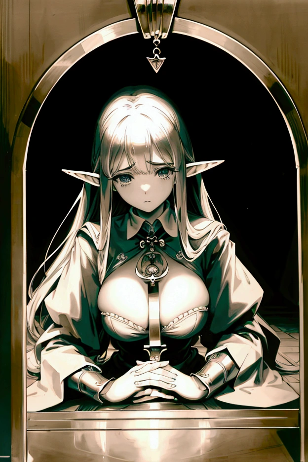 Highest quality, masterpiece, Ultra-high resolution, female、Big Breasts、Elf、His neck is attached to the guillotine、On all fours、Death row inmates、Hollow, teary eyes、innocent