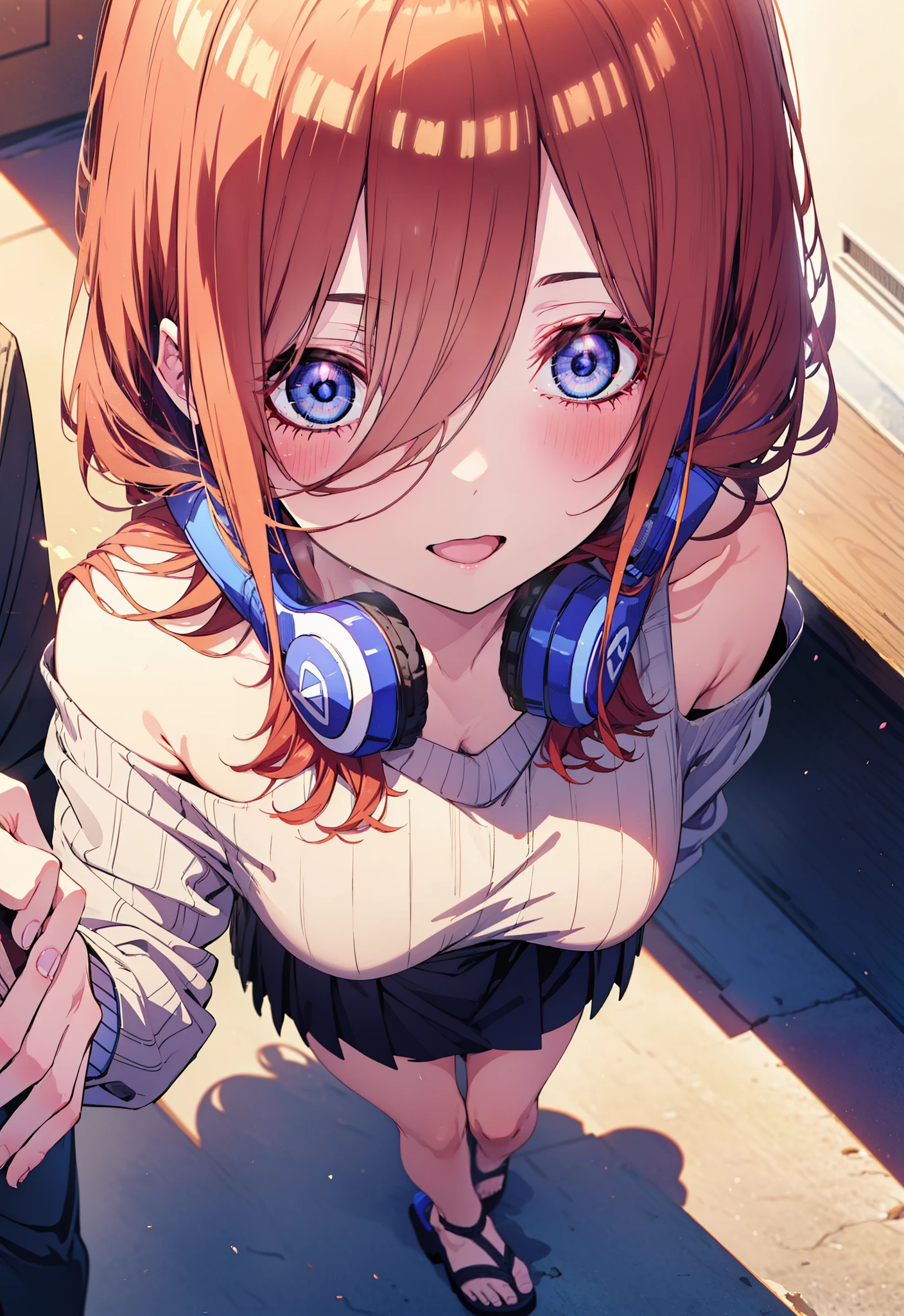 Miku Nakano, miku nakano, Long Hair, bangs, blue eyes, Brown Hair, shirt, Hair between the eyes, Headphones around neck,happy smile, smile, Open your mouth,One-shoulder sweater,mini skirt,Heeled Sandals,Walking,morning,morning陽,Clear skies,whole bodyがイラストに入るように,
break outdoors, Building district,
break looking at viewer,whole body,
break (masterpiece:1.2), Highest quality, High resolution, unity 8k wallpaper, (figure:0.8), (Beautiful attention to detail:1.6), Highly detailed face, Perfect lighting, Highly detailed CG, (Perfect hands, Perfect Anatomy),