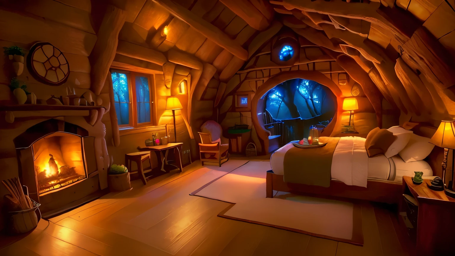 airy room with fireplace and a bed, cozy room, cozy envirnment, in your hobbit house, inside a hobbit hole, cozy and peaceful environment, cozy place, Room at Ghibli Studio, fourth style RPG creator, Personal room background, magical atmosphere, cozy treehouse bedroom, thomas kinkade. cute cozy room, in a cabin, cozy and calm