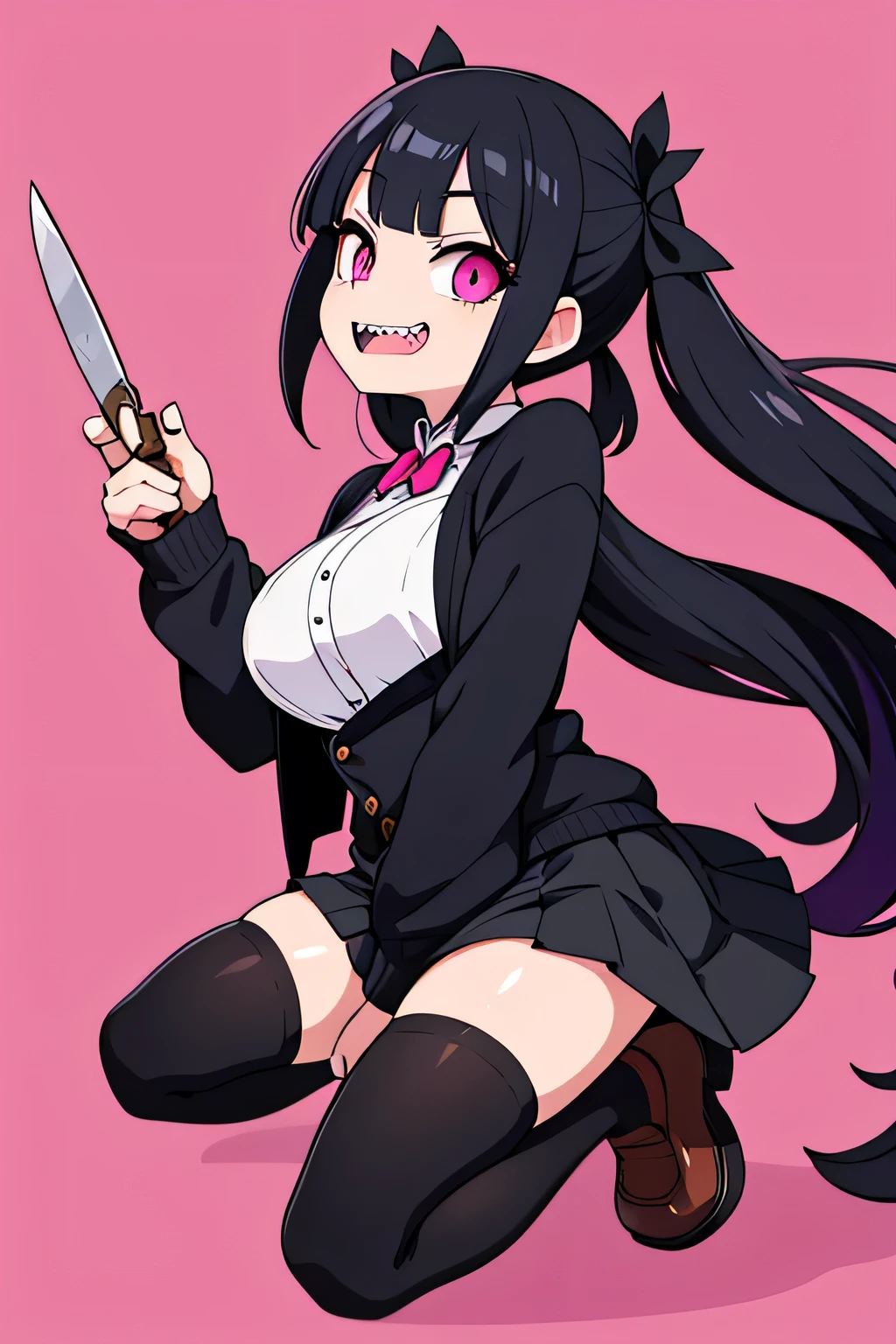 Mimi is an adult with black hair tied up into twintails. She has straight bangs. She has pink eyes. She has big breasts and shiny oiled skin. She wears anoutfit with a black cardigan, white mini skirt, black tights, white legwarmers, and loafer shoes. She had an evil grinning expression. She is short. Scary background. She is a domme. Low angle, goth girl, goth girl aesthetic. Scary aesthetic. Horror aesthetic. Holding a knife. Sharp teeth. Vampire teeth