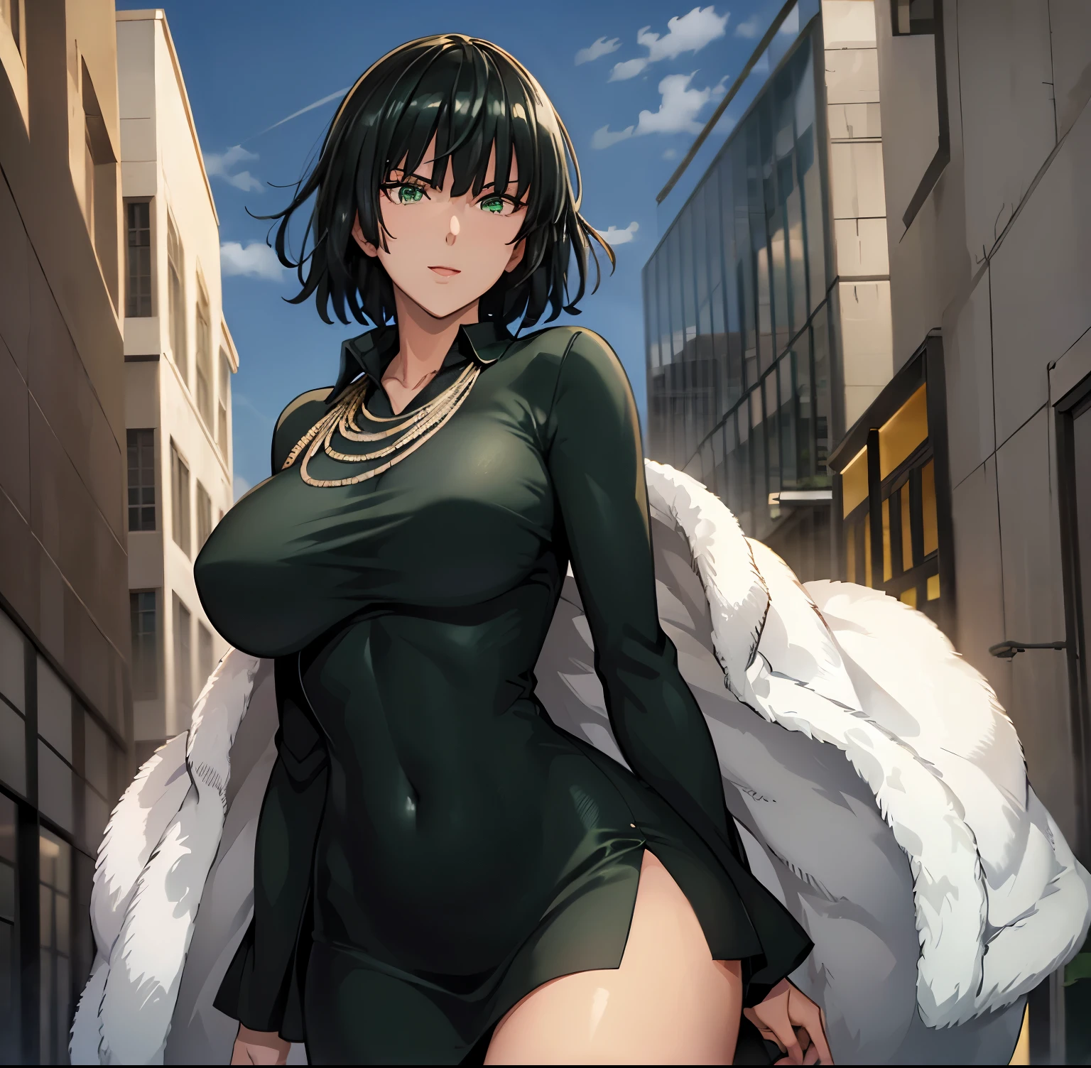 ((1girl)), ((alone)), Fubuki, ((Extremely detailed CG unity 4k wallpaper)), (Masterpiece), (ultra quality), (Ultra detailed), (best illustration), (best shadow ), (extremely detailed), looking at viewer, (absurdities), (detailed background), curvy body, dynamic pose, cowboy photo, large breasts, narrow waist, wide hips, medium thighs, butt round, black hair, (green eyes: 1.2), short short hair, big breasts, black dress, dress, white fur coat, high collar, jewelry, necklace, trimmed shoulders, tight clothing, tightly dressed , smile, open mouth, seductive, standing, cowboy photo, leaning forward, leaning, backlighting, ((solo)), ((Standing:1.4, outdoors, city, cityscape, streets, night, streetlights City, arms behind back)), looking forward,((focus on breasts)), point of view: (from middle), perfect anatomy, perfect hands