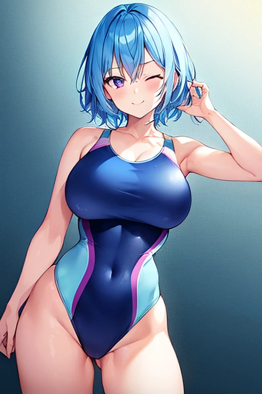 1girl, light blue hair, blue hair, very short hair, one eye closed, purple eyes, large breasts, thick thighs, smile, one-piece swimsuit, competition swimsuit, ((competition swimsuit)), blue one-piece swimsuit