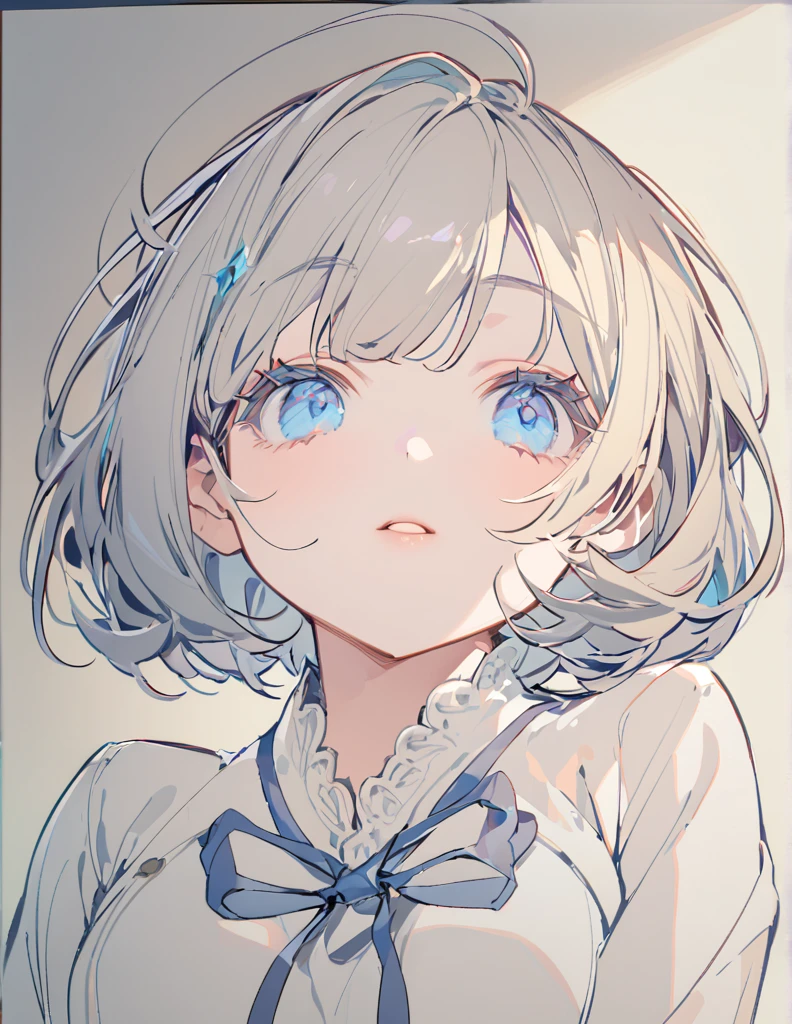 masterpiece, Highest quality, Very detailed, High resolution, anime,One girl,Navy blue original uniform(Small body) ( Girl:1.5), (blonde:1.5)(eyelash:1.2)(eye shadow:1.3) (Blue eyes:1.5), (Beautiful fine details:1.4) (Short Bob Hair:1.4), (Blue eyes)(Big Breasts:1.3) (White skin:1.2)Height: 130cm, original character, Fantasy, View Viewer