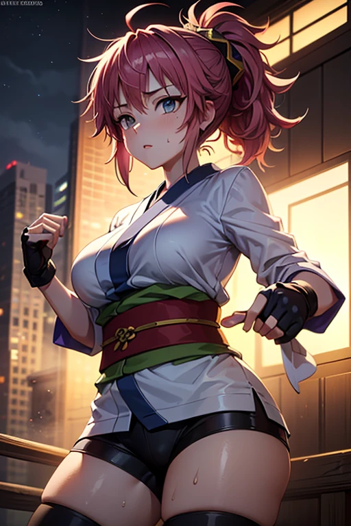 masterpiece, Highest quality,  Unreal Engine,  Super Resolution, Very detailed, 

Beautiful woman, machi, short kimono, obi, sash, fingerless gloves, bike shorts, socks,thighhighs,or, ponytail,hair_ornament, Vivid expression, Healthy Body, Smooth skin texture, Carefully drawn, 

(humidity:1.5), Beautiful Eyes, (Attractive face:1.2), (Beautiful Skin), Tight waist, (Big Breasts), (Sticky with sweat), Dynamic pose, 

In the world of Hunter Hunter, Outdoor, Slums at night,